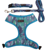 Blue tribal reversible dog harness leash collar set